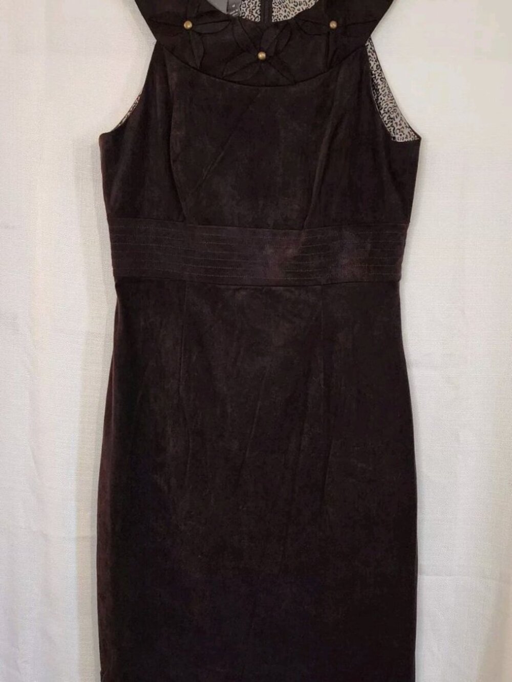 Women's Dress Suede Shealth Beaded Neckline Sleeveless Brown Size 4